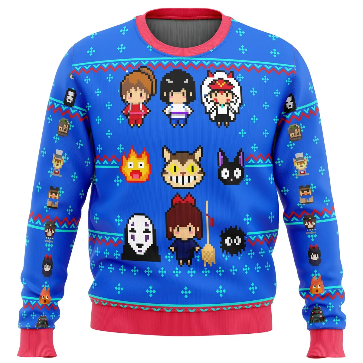 Studio Ghibli Blue Ugly Christmas Sweater, Totoro Spirited Away Holiday Sweater, Pixel No-Face Catbus and Kiki Unisex Sweatshirt, Anime Xmas Gift