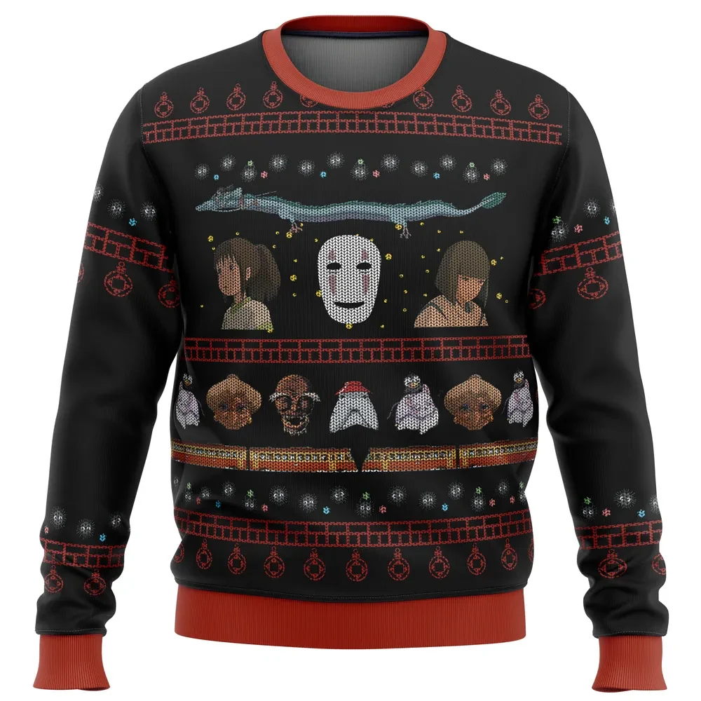Studio Ghibli Spirited Away Ugly Christmas Sweater, Chihiro No Face Haku Holiday Sweater, Anime Xmas Gift, Unisex All Over Print Pullover