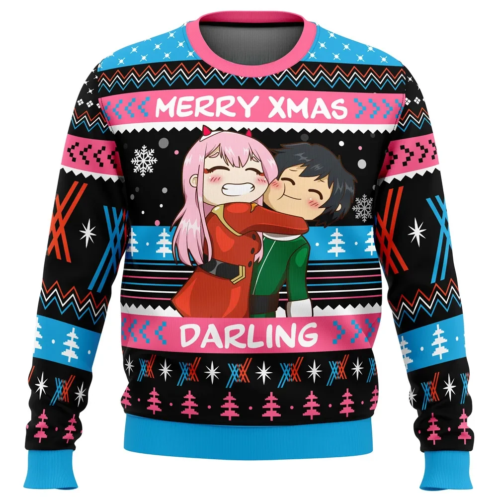 Merry Xmas Darling Ugly Christmas Sweater, Darling in the Franxx Zero Two and Hiro Holiday Sweater, Cute Chibi Anime Xmas Gift for Fans