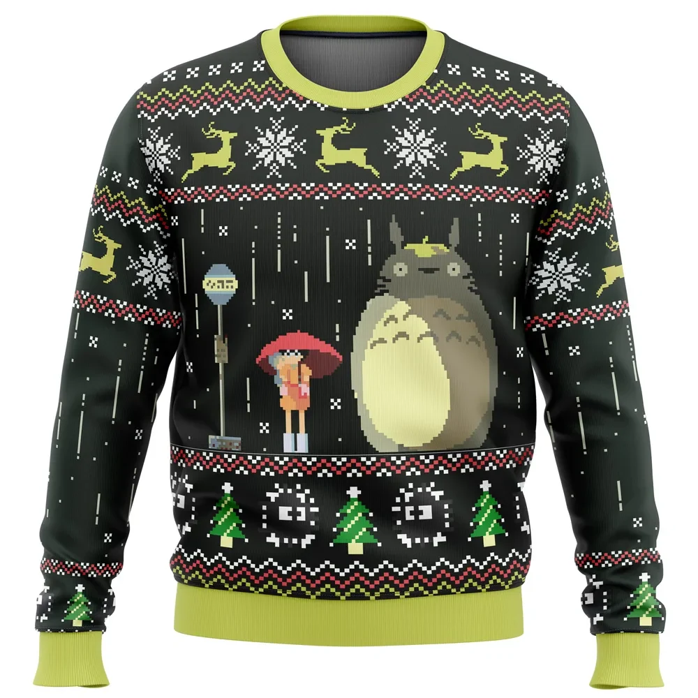 Studio Ghibli Totoro Rain Ugly Christmas Sweater, My Neighbor Totoro Bus Stop Holiday Sweater, Unisex Anime Xmas Gift for Miyazaki Fans
