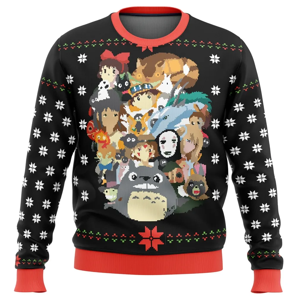 Studio Ghibli Christmas Characters Ugly Christmas Sweater, Ghibli Totoro Kiki No-Face Holiday Sweatshirt, Unisex Anime Xmas Gift for Fans