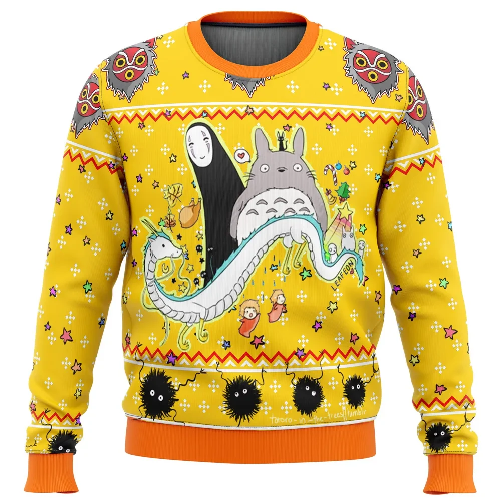 Studio Ghibli Yellow Ugly Christmas Sweater, Totoro No Face Haku Holiday Sweater, Anime Xmas Gift, Soot Sprites Unisex All Over Print Pullover