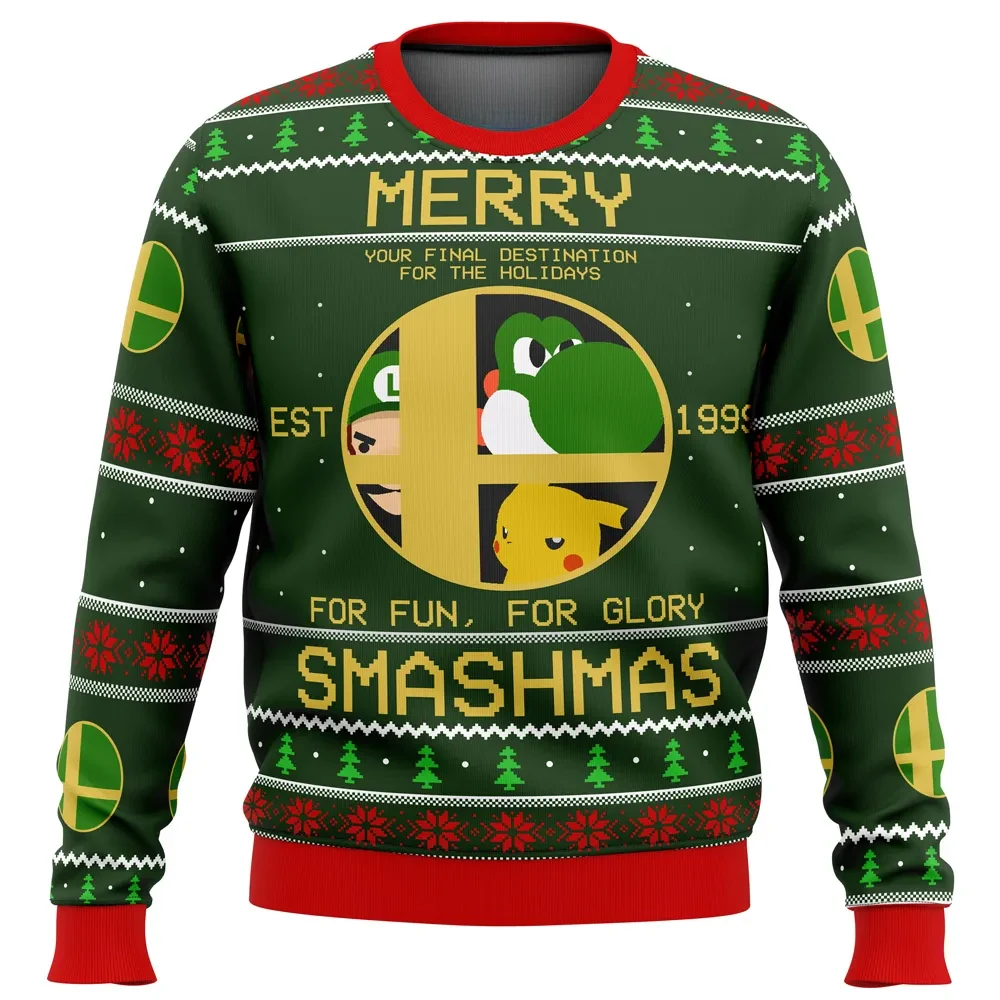 Super Smash Bros Merry Smashmas Ugly Christmas Sweater, Smash Bros Holiday Sweater, Luigi Yoshi Pikachu Gamer Xmas Gift, Unisex Pullover