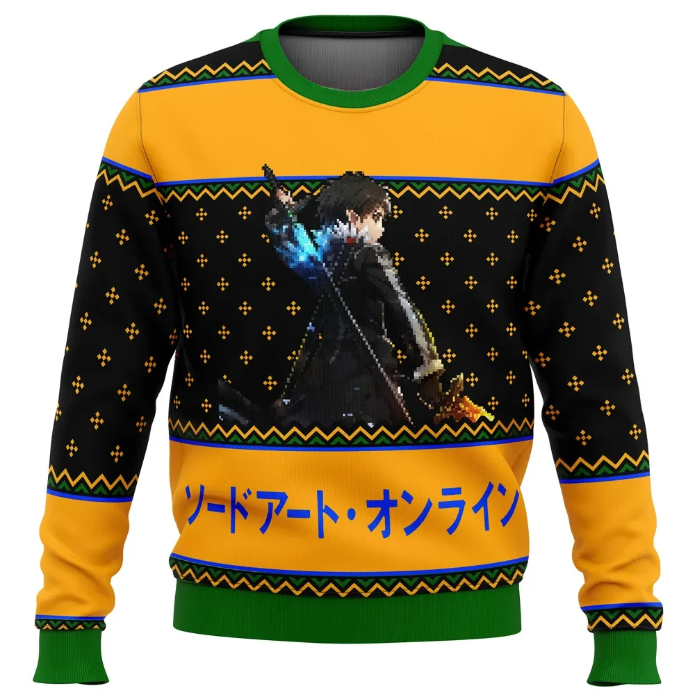 Sword Art Online Beater Ugly Christmas Sweater, Kirito SAO Holiday Sweater, Orange and Black Anime Xmas Sweatshirt, Gift for Gamer Fans