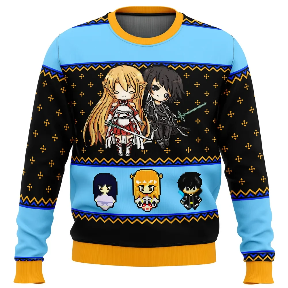 Sword Art Online Sprites Ugly Christmas Sweater, Kirito Asuna Holiday Sweater, Chibi Pixel Characters, Anime Xmas Gift for SAO Fans