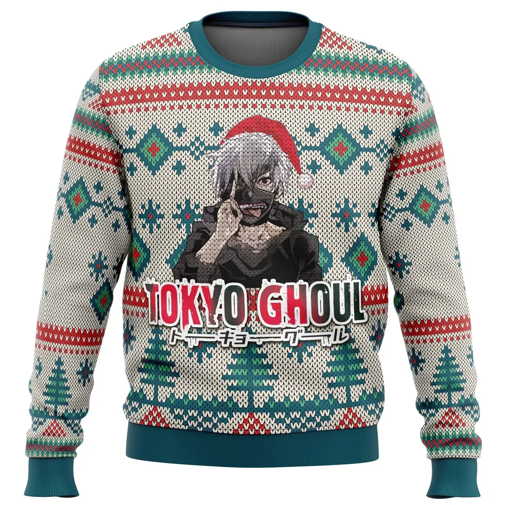 Tokyo Ghoul Alt Ugly Christmas Sweater, Ken Kaneki Santa Hat Holiday Sweater, Cream Fair Isle Anime Xmas Sweatshirt, Gift for Manga Fans