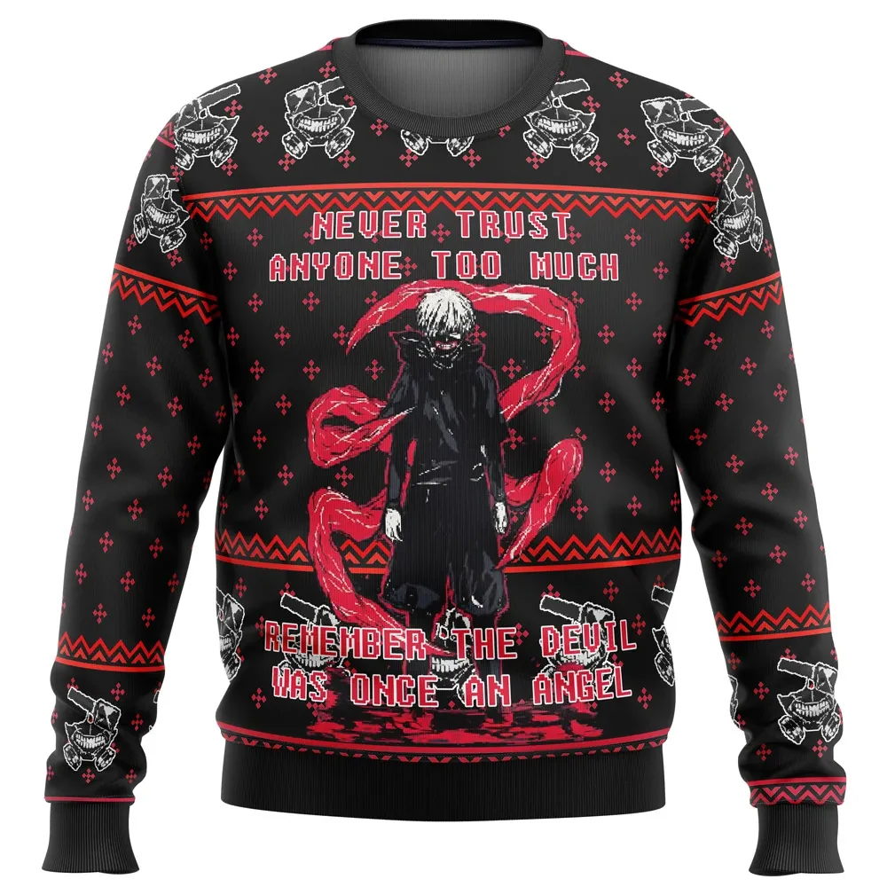 Tokyo Ghoul Trust Ugly Christmas Sweater, Ken Kaneki Holiday Sweater, Never Trust Anyone Too Much, Anime Xmas Gift, Unisex All Over Print Top