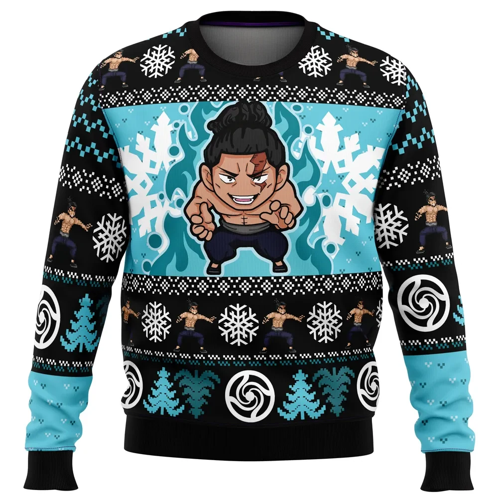 Chibi Aoi Todo Jujutsu Kaisen Ugly Christmas Sweater, JJK Anime Holiday Sweater, Black and Aqua Snowflake Xmas Sweatshirt, Gift for Fans