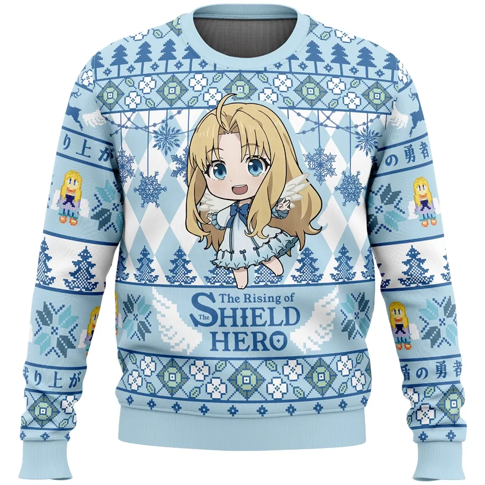 Filo The Rising of the Shield Hero Ugly Christmas Sweater, Chibi Angel Filo Anime Holiday Sweater, Light Blue Xmas Sweatshirt Gift for Fans