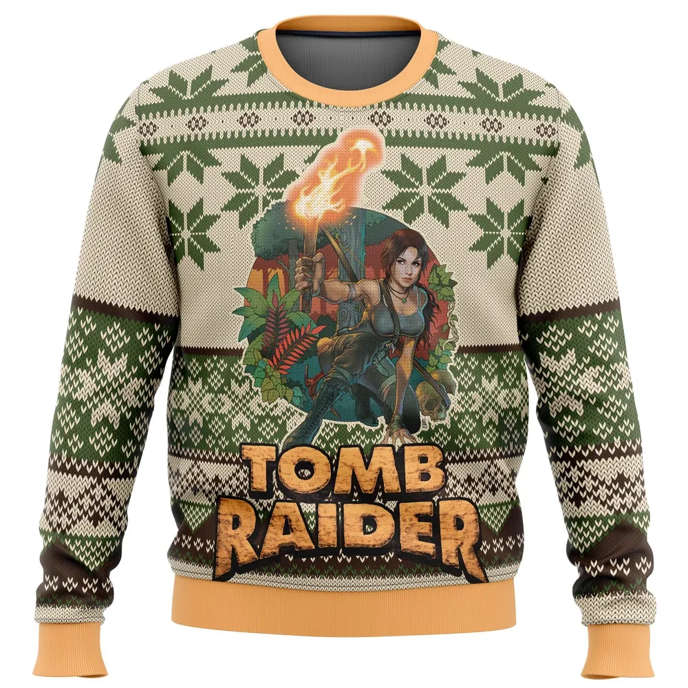 Tomb Raider Lara Croft Ugly Christmas Sweater, Tomb Raider Jungle Torch Holiday Sweatshirt, Unisex Adventure Gamer Xmas Gift for Fans