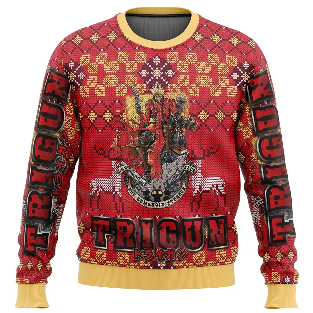 Trigun Vash The Stampede Ugly Christmas Sweater, Trigun Holiday Sweater, Humanoid Typhoon with Reindeer, Retro Anime Xmas Gift for Fans