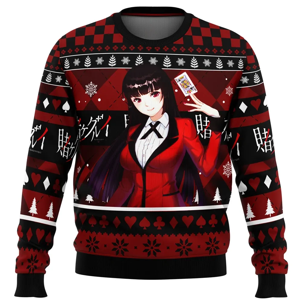 Yumeko Jabami Kakegurui Ugly Christmas Sweater, Compulsive Gambler Anime Holiday Sweatshirt, Playing Card Unisex Xmas Gift for Anime Fans