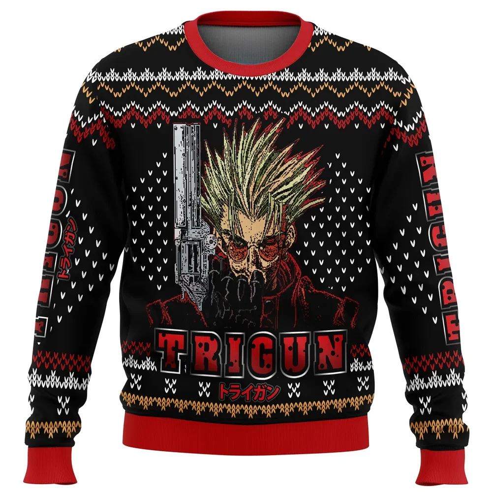 Trigun Vash Emblem Ugly Christmas Sweater, Vash the Stampede Holiday Sweater, Red and Black Anime Xmas Gift, Unisex All Over Print Sweatshirt