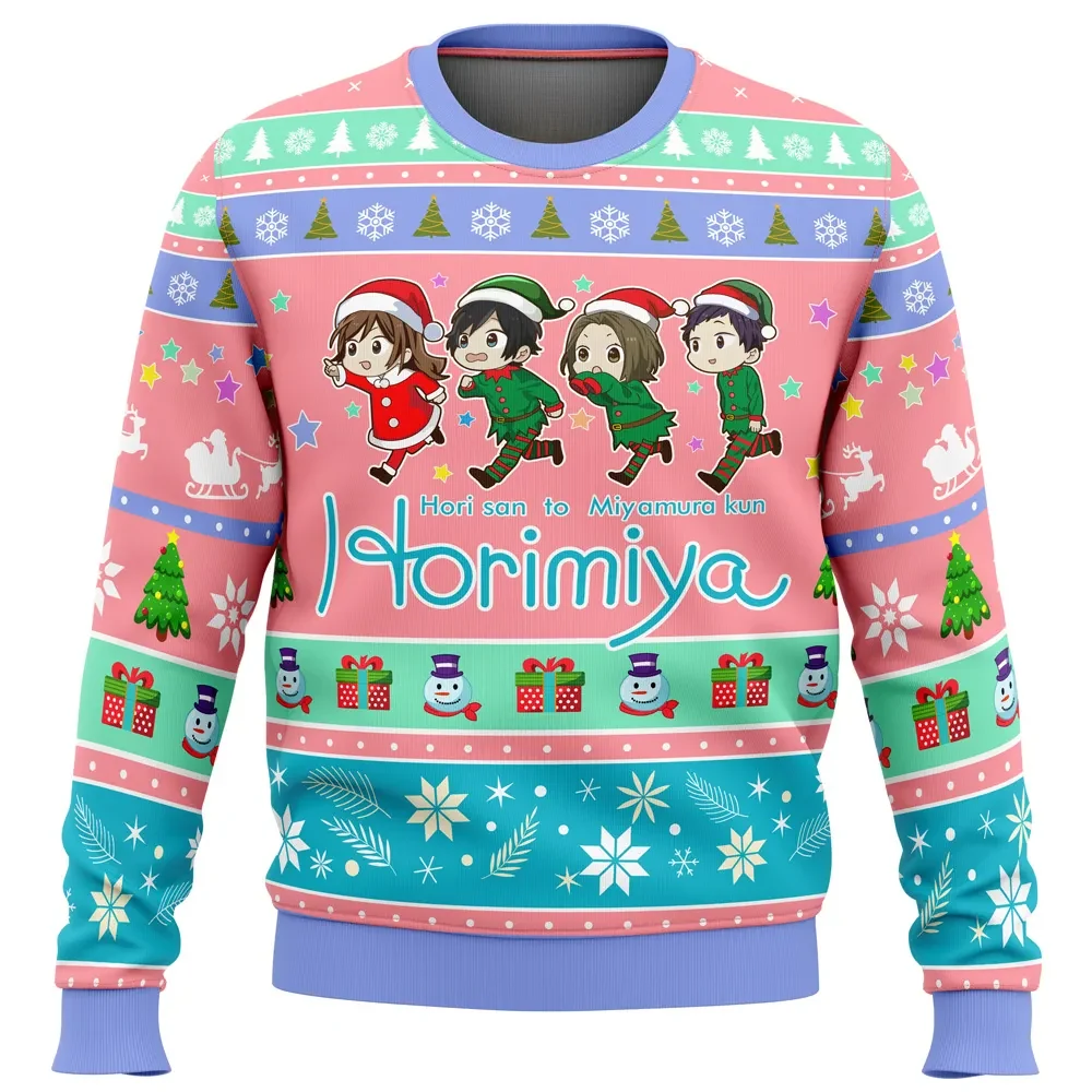 Kyouko And Friends Horimiya Ugly Christmas Sweater, Hori San to Miyamura Kun Anime Holiday Sweater, Chibi Santa and Elf Xmas Gift for Fans
