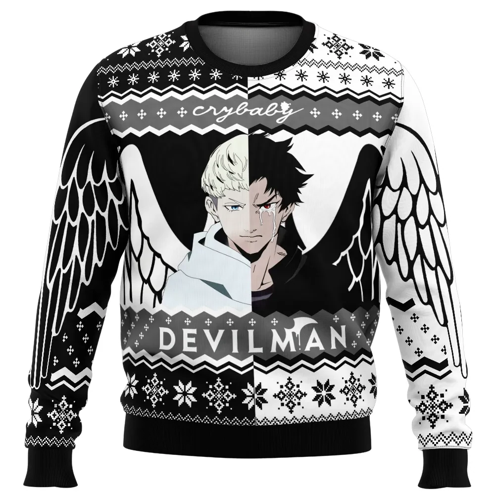 Rival Devilman Crybaby Ugly Christmas Sweater, Akira and Ryo Anime Holiday Sweater, Angel and Devil Wings Unisex Xmas Sweatshirt, Anime Xmas Gift