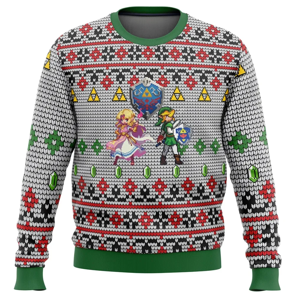 Zelda and Link Ugly Christmas Sweater, Legend of Zelda Pixel Hylian Shield and Triforce Holiday Sweatshirt, Gamer Xmas Gift for Retro Fans