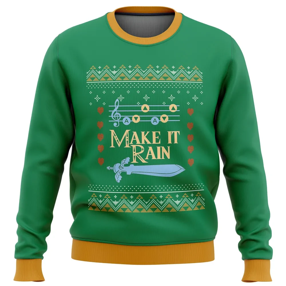 Legend of Zelda Make It Rain Ugly Christmas Sweater, Zelda Song of Storms Holiday Sweatshirt, Ocarina Notes Unisex Gamer Xmas Gift for Fans