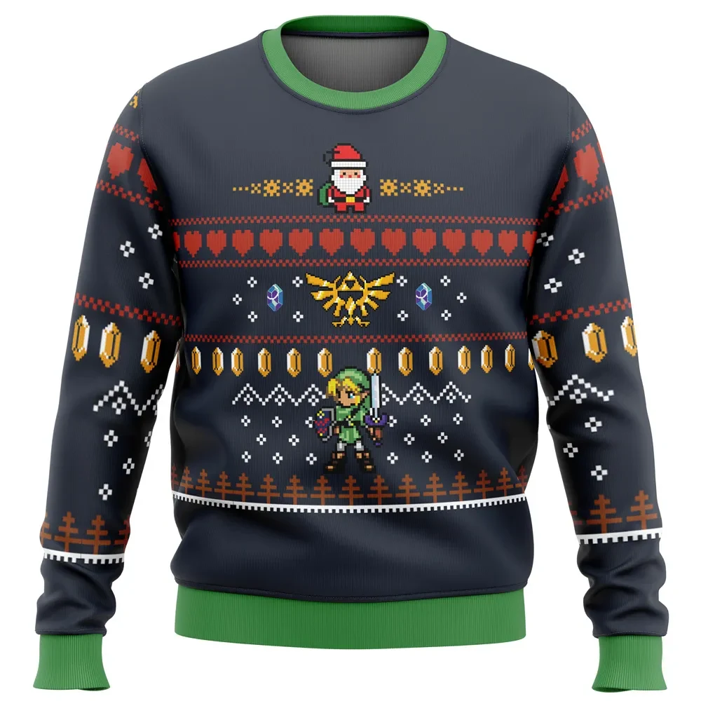Zelda Santa Link Ugly Christmas Sweater, Legend of Zelda Holiday Sweater with Triforce, Unisex Retro Gamer Xmas Sweatshirt Gift for Fans