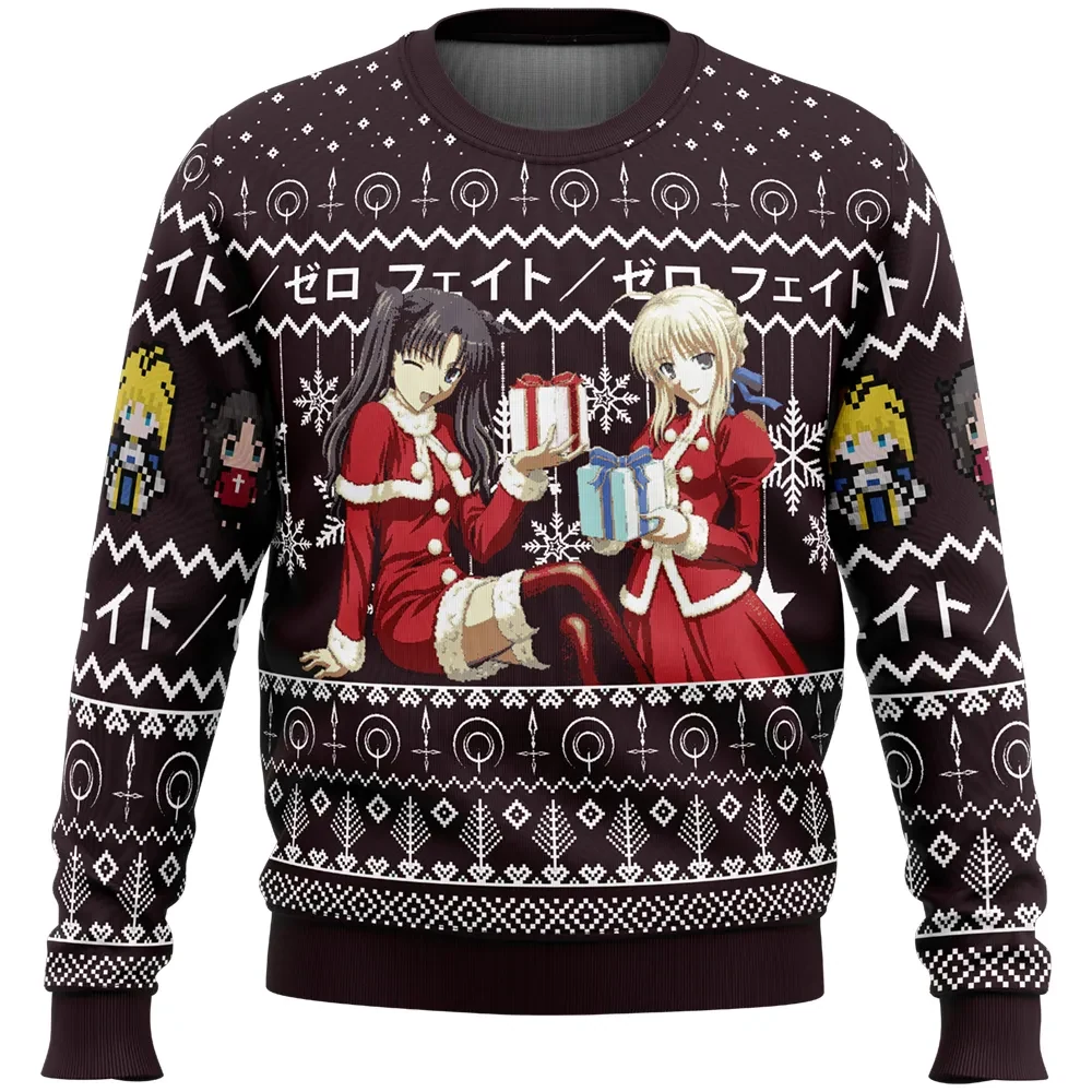 Rin and Saber Santa Fate Zero Ugly Christmas Sweater, Rin Tohsaka Christmas Gift Box Anime Holiday Sweater, Unisex Xmas Sweatshirt for Fate Fans