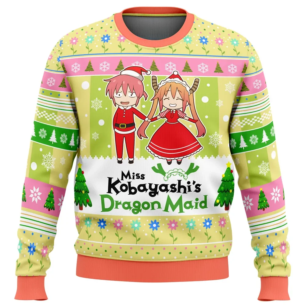 Kobayashi And Tohru Miss Kobayashi's Dragon Maid Ugly Christmas Sweater, Chibi Santa Anime Holiday Sweater, Xmas Sweater