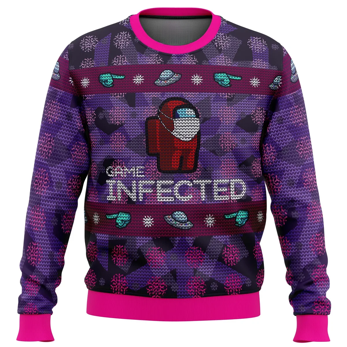 Among Us Game Infected Ugly Christmas Sweater, Impostor Holiday Sweater, Gamer Xmas Gift, Red Crewmate Unisex All Over Print Pullover