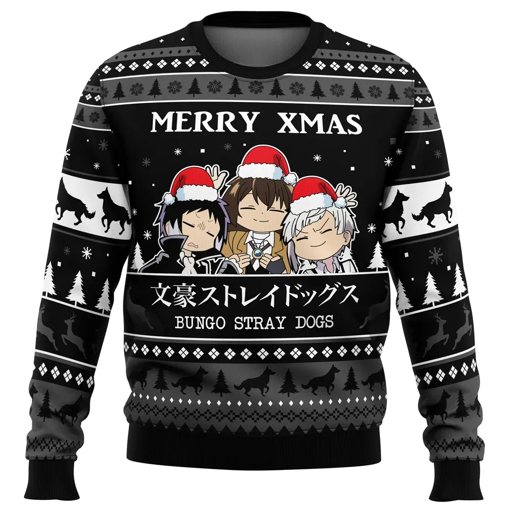 Merry Xmas Bungo Stray Dogs Ugly Christmas Sweater, Dazai Atsushi Akutagawa Anime Holiday Sweater, Unisex All Over Print Jumper