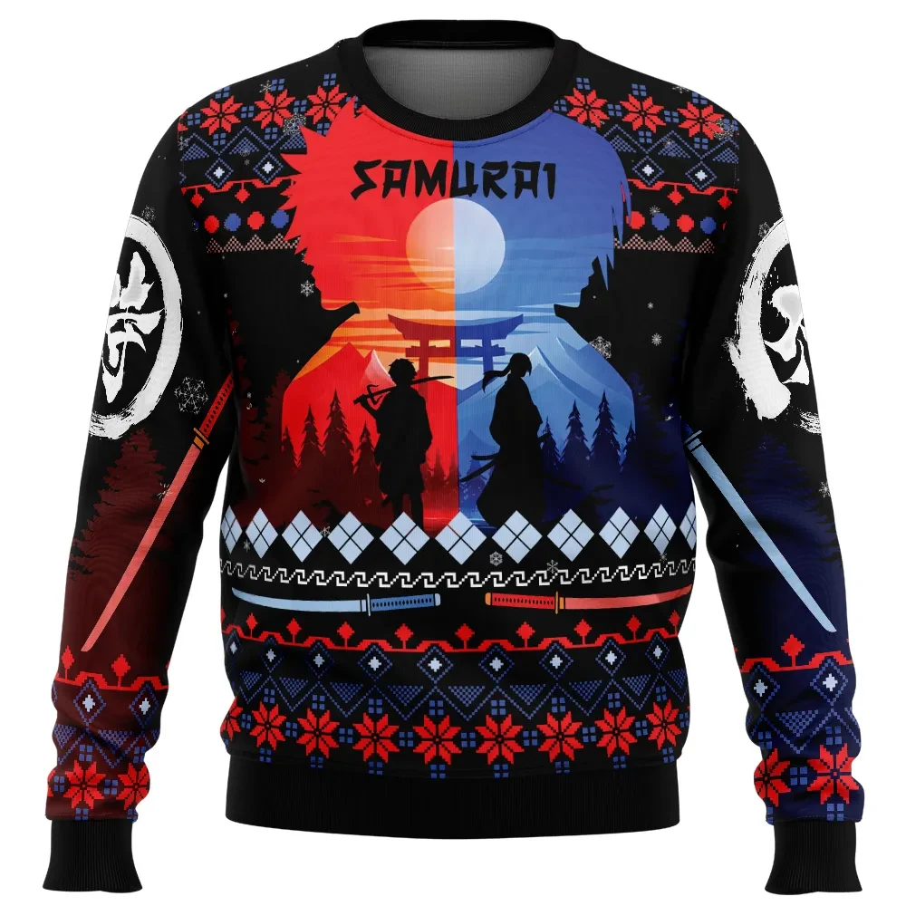 The Samurai Dou Samurai Champloo Ugly Christmas Sweater, Two Samurai Silhouettes at Sunset, Anime Holiday Sweater, Unisex Xmas Gift for Fans