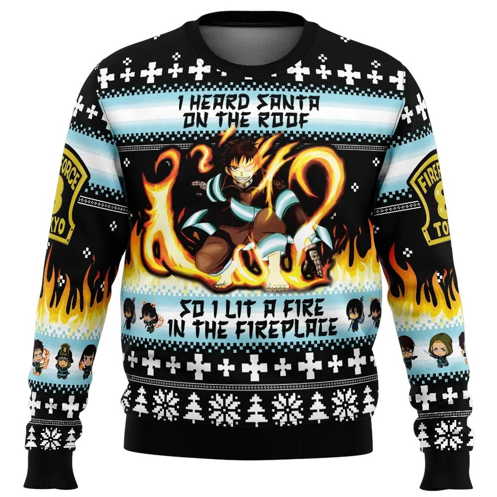 I Heard Santa on the Roof Fire Force Ugly Christmas Sweater, Shinra Kusakabe Holiday Sweater, Company 8 Anime Xmas Gift for Fans