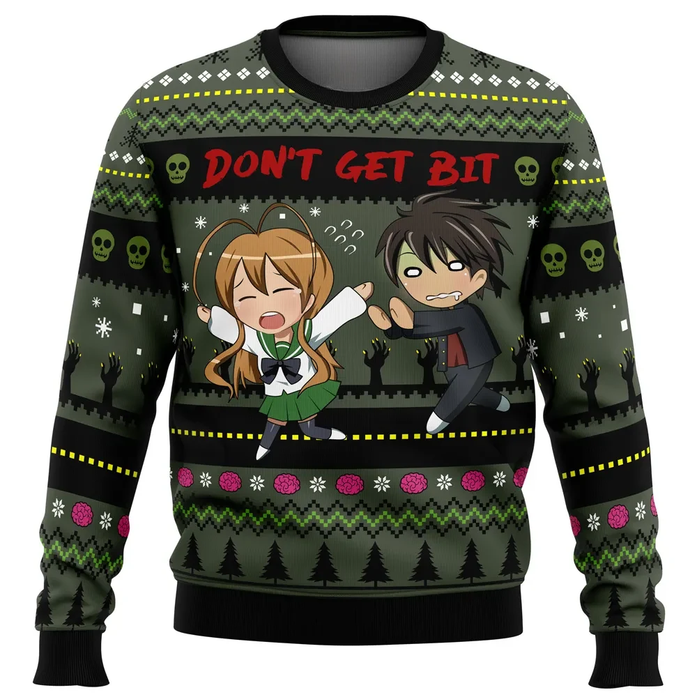 Don't Get Bit High School of the Dead Ugly Christmas Sweater, HOTD Zombie Anime Holiday Sweater, Takashi and Rei Xmas Sweater