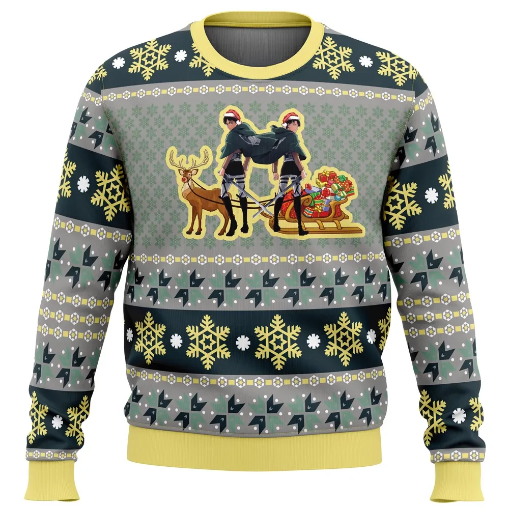 Eren Levi Attack on Titan Ugly Christmas Sweater, Santa Sleigh and Reindeer Anime Holiday Sweater, Unisex Xmas Sweatshirt, Gift for Otaku