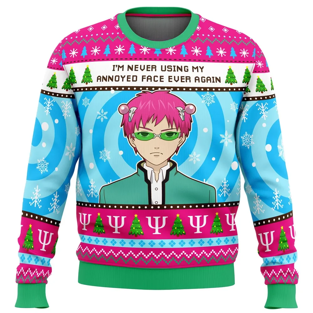 I'm Never Using My Annoyed Face Ever Again Saiki K Ugly Christmas Sweater, The Disastrous Life of Saiki K Anime Xmas Holiday Sweater