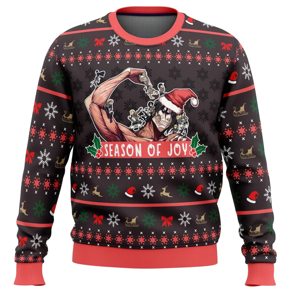 Season of Joy Attack on Titan Ugly Christmas Sweater, Eren Titan in a Santa Hat Holiday Sweater, Shingeki no Kyojin Anime Xmas Gift for Fans