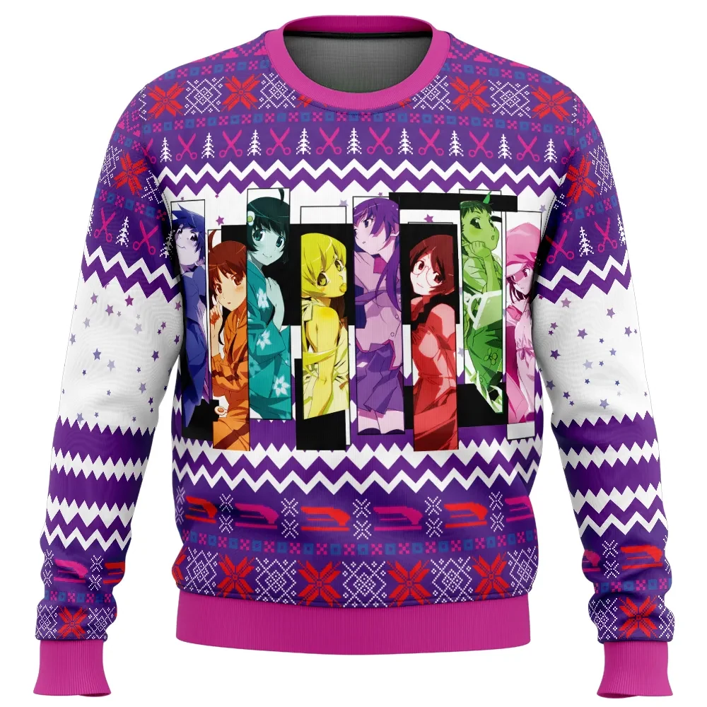 Monogatari Girls Bakemonogatari Ugly Christmas Sweater, Monogatari Series Second Season Anime Holiday Sweater, Unisex Xmas Gift for Fans