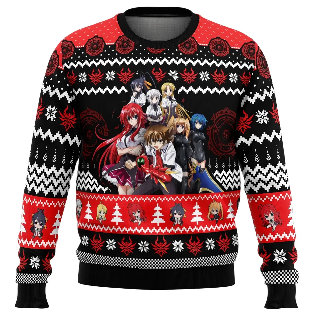 Christmas Characters High School DxD Ugly Christmas Sweater, Rias Gremory Issei Akeno Holiday Sweatshirt, Anime Xmas Gift for Fans