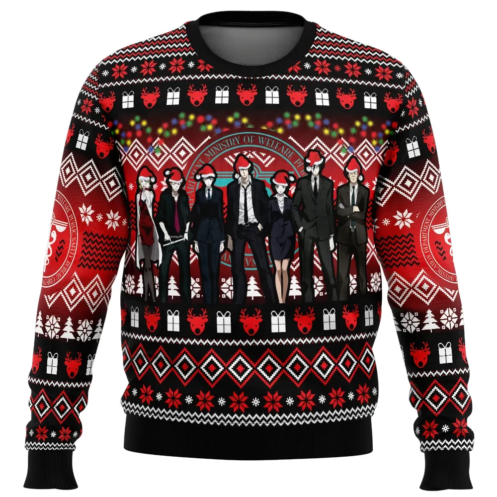 Christmas Staff Psycho-Pass Ugly Christmas Sweater, Division 1 Inspectors and Enforcers Anime Holiday Sweater, Unisex Anime Xmas Gift for Fans