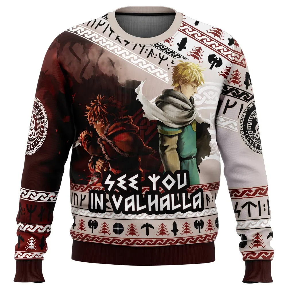 See You In Valhalla Vinland Saga Ugly Christmas Sweater, Thorfinn and Askeladd Viking Anime Holiday Sweater, Unisex Anime Xmas Gift for Fans