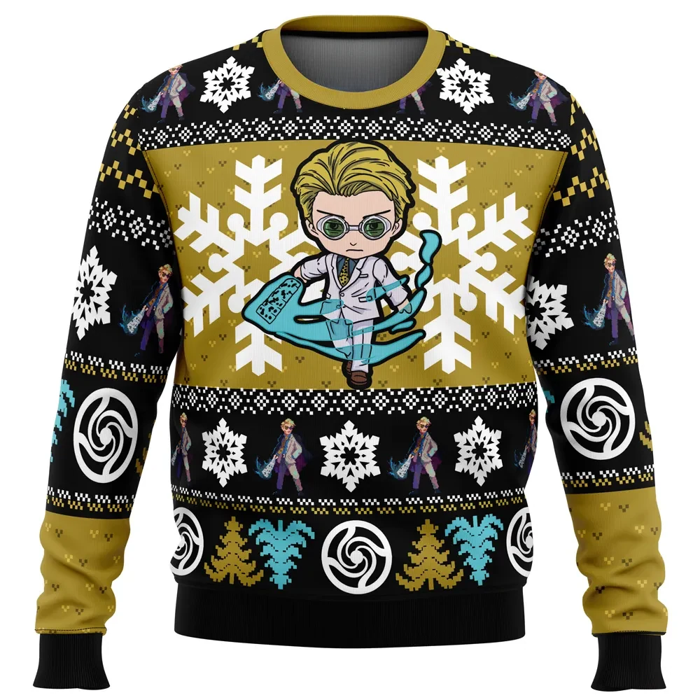 Chibi Nanami Kento Jujutsu Kaisen Ugly Christmas Sweater, JJK Gold Swirl School Emblem Holiday Sweater, Anime Xmas Gift for Fans