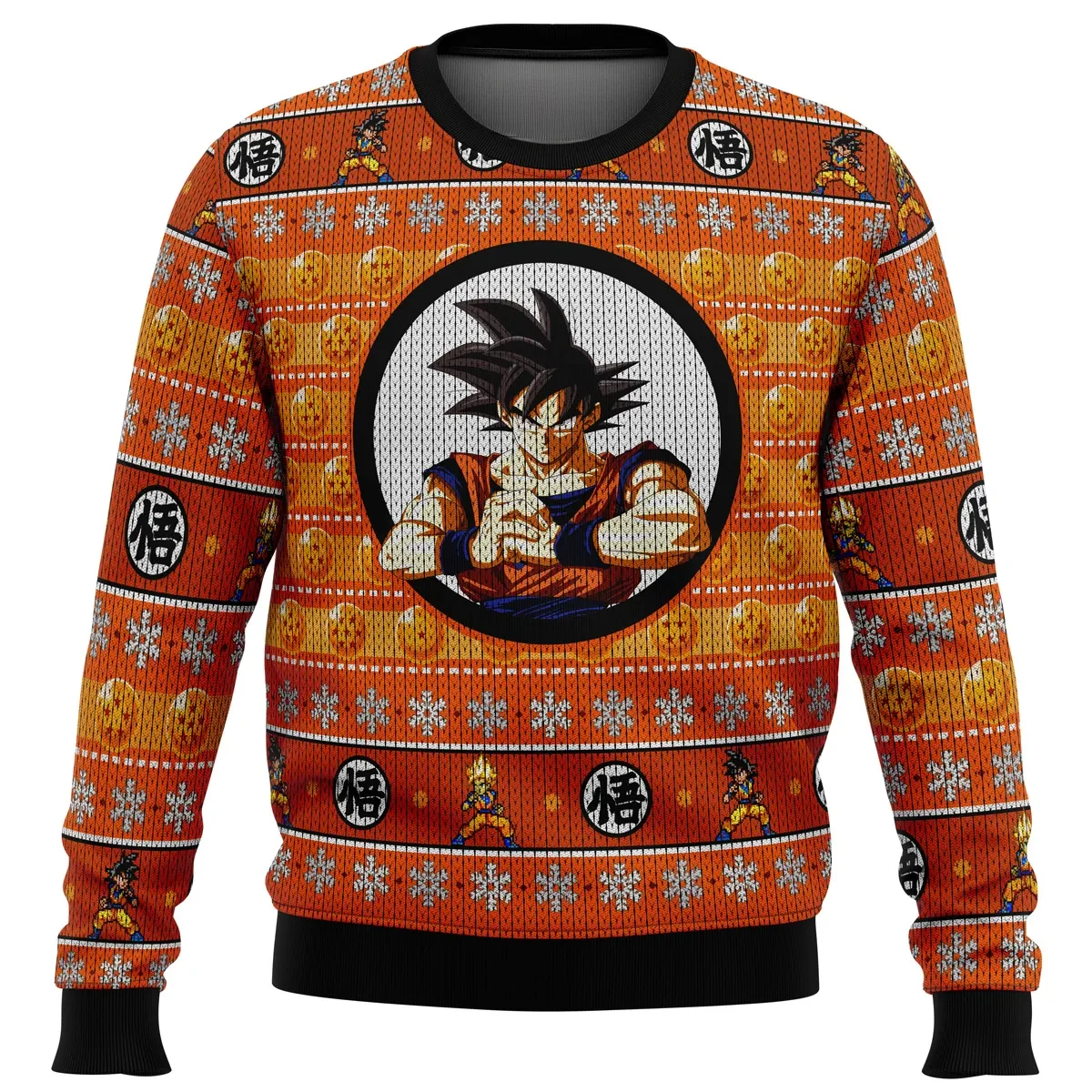 Dragon Ball Z Son Goku Ugly Christmas Sweater, DBZ Holiday Sweater, Orange Goku Kanji and Dragon Balls Pullover, Anime Xmas Gift