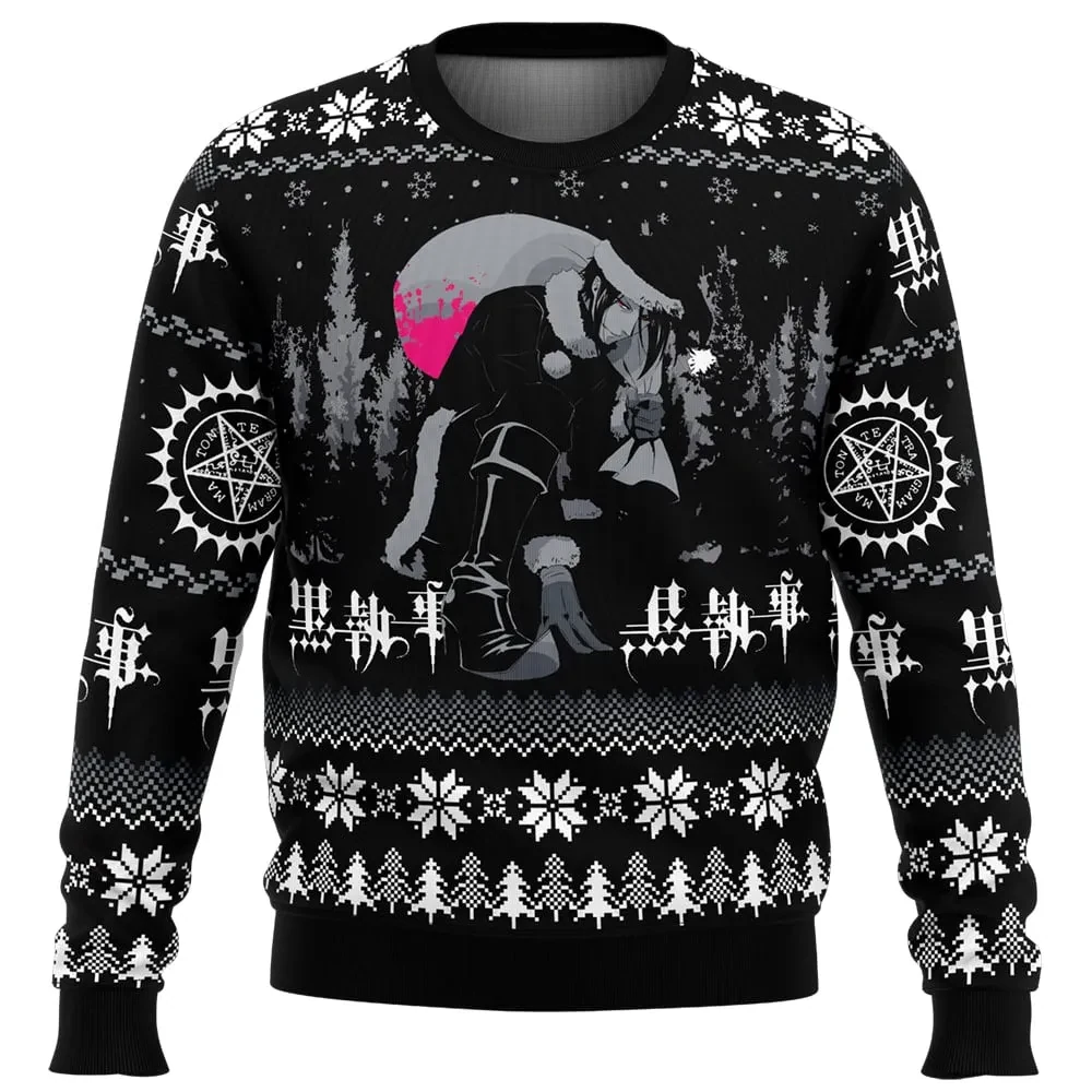 Sebastian Black Butler Ugly Christmas Sweater, Kuroshitsuji Holiday Sweater, Demon Butler in Santa Hat Gothic Unisex Sweatshirt, Anime Xmas Gift