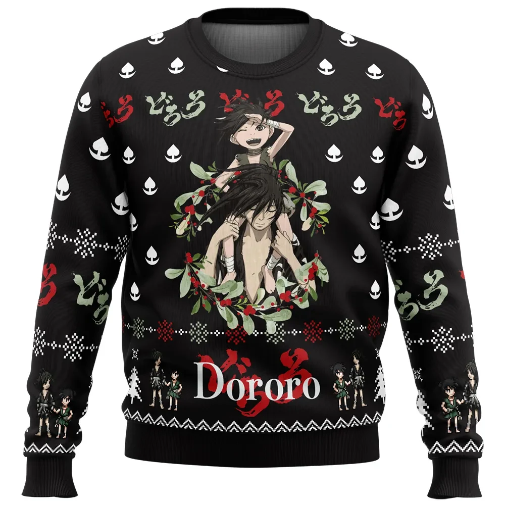 Dororo x Hyakkimaru Ugly Christmas Sweater, Dororo Anime Holiday Sweater with Holly Wreath, Unisex Xmas Sweatshirt, Samurai Anime Gift for Fans
