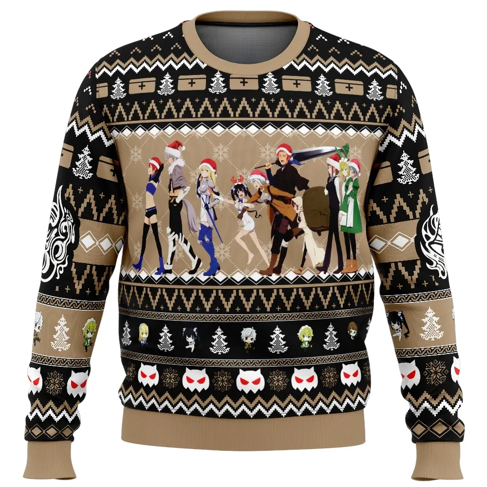 Christmas Adventure DanMachi Ugly Christmas Sweater, Familia Myth Bell Cranel and Hestia Holiday Sweater, Unisex Anime Xmas Gift for Fans