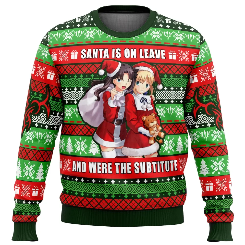 Santa Is on Leave Rin and Saber Fate Stay Night Ugly Christmas Sweater, Fate Anime Holiday Sweater, Unisex All Over Print Xmas Sweater