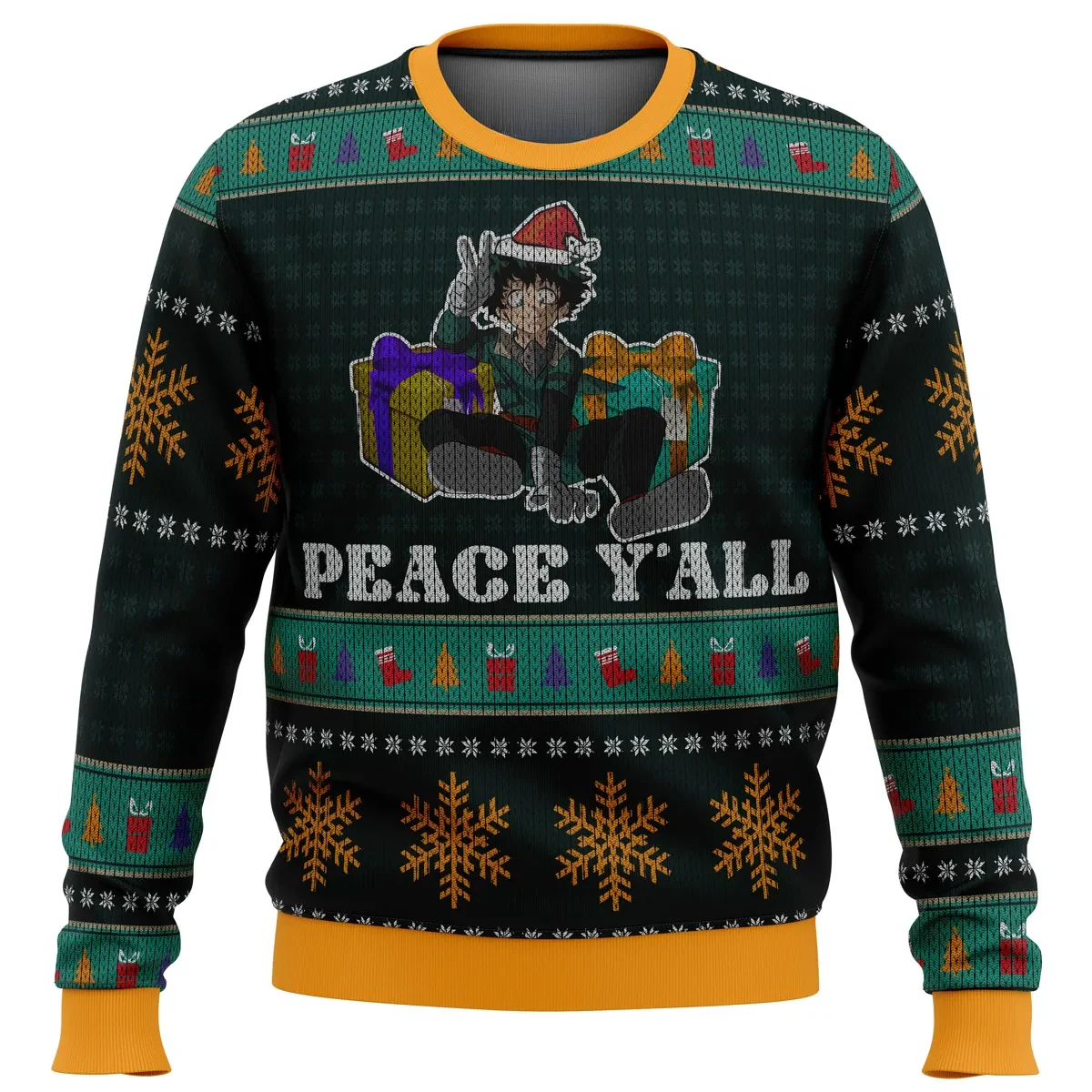 My Hero Academia Izuku Midoriya Peace Y'all Ugly Christmas Sweater, Deku Holiday Sweater, Anime Xmas Gift, Unisex All Over Print Pullover
