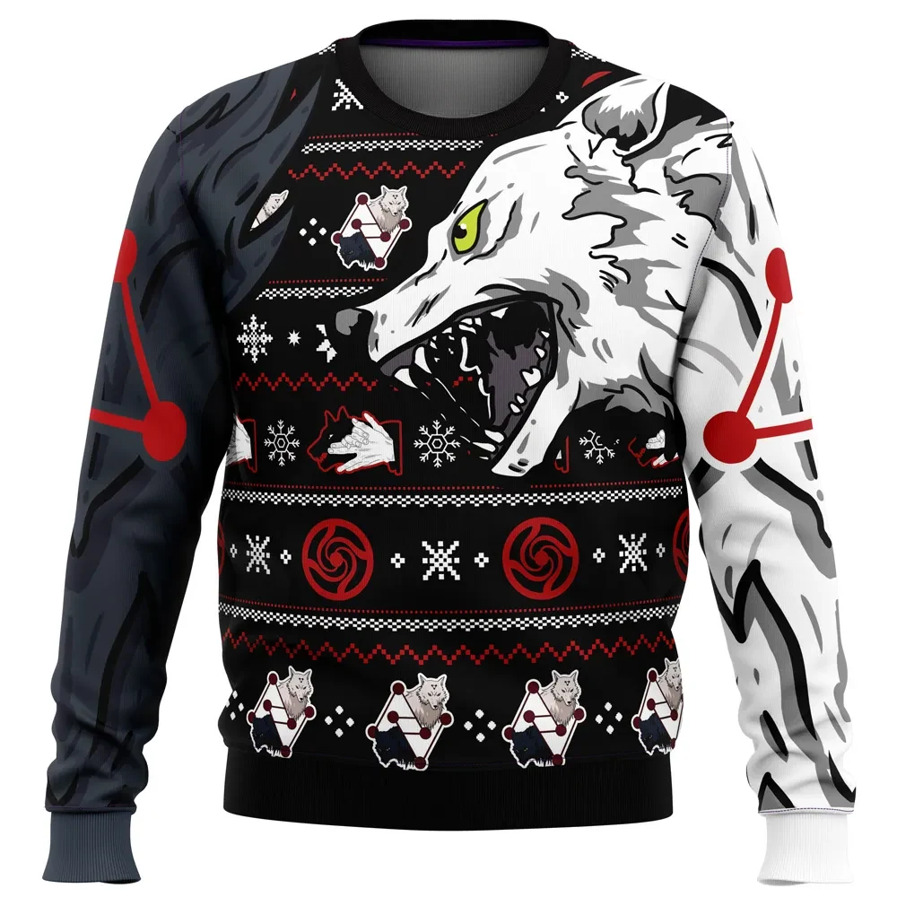 Megumi Divine Dogs Jujutsu Kaisen Ugly Christmas Sweater, Fushiguro White and Black Shikigami JJK Holiday Sweater, Anime Xmas Gift for Fans