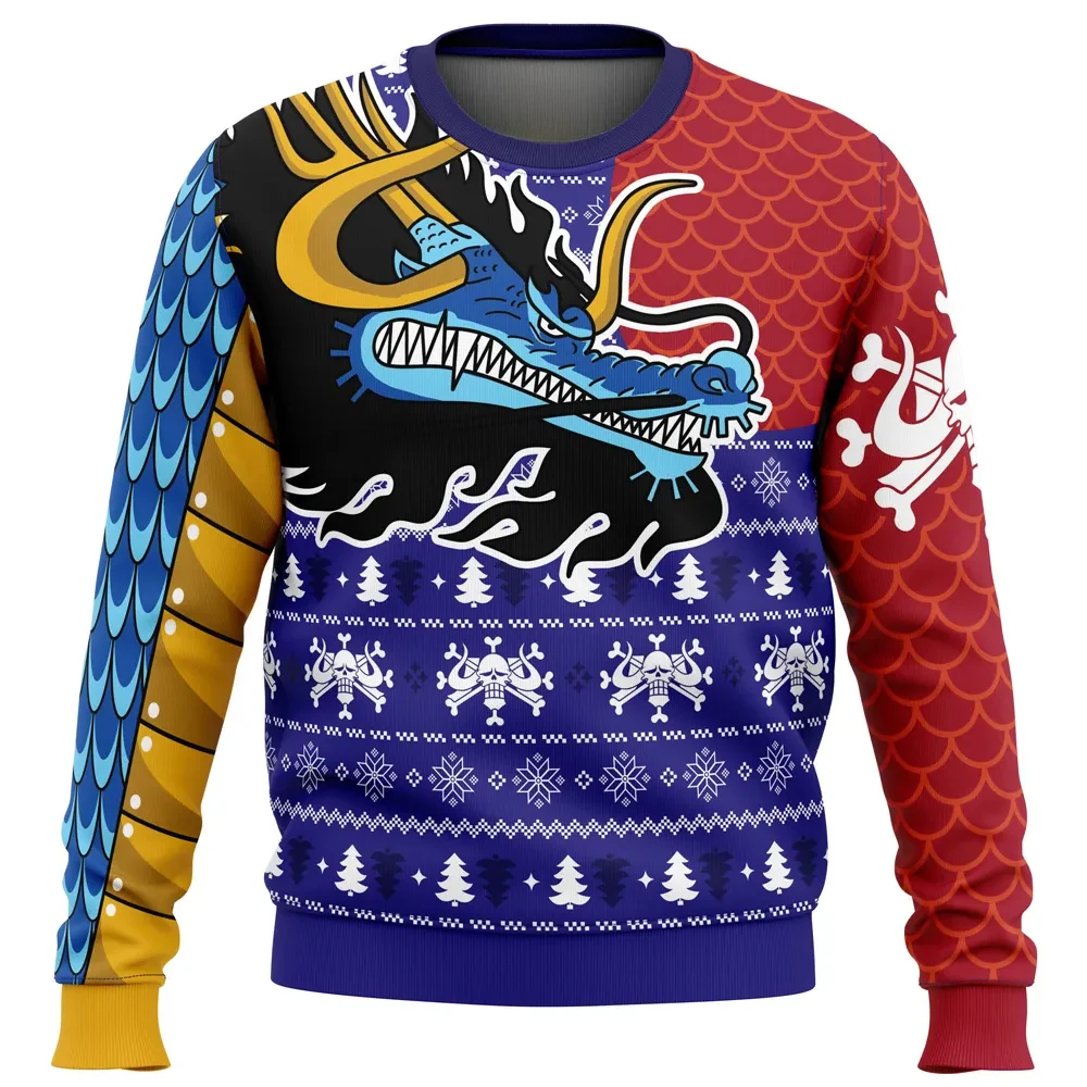 Kaido Dragon One Piece Ugly Christmas Sweater, Beasts Pirates Jolly Roger Holiday Sweater, Unisex Anime Xmas Sweatshirt Gift for Fans