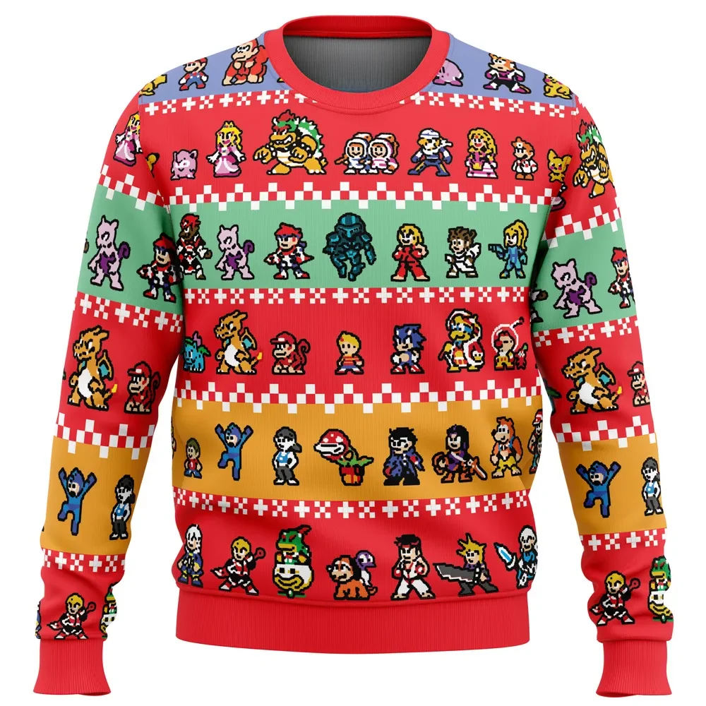 Pixel Smash Super Smash Bros Ugly Christmas Sweater, Mario Link Samus Mega Man Nintendo Retro Gamer Holiday Sweater, Xmas Gift for Fans