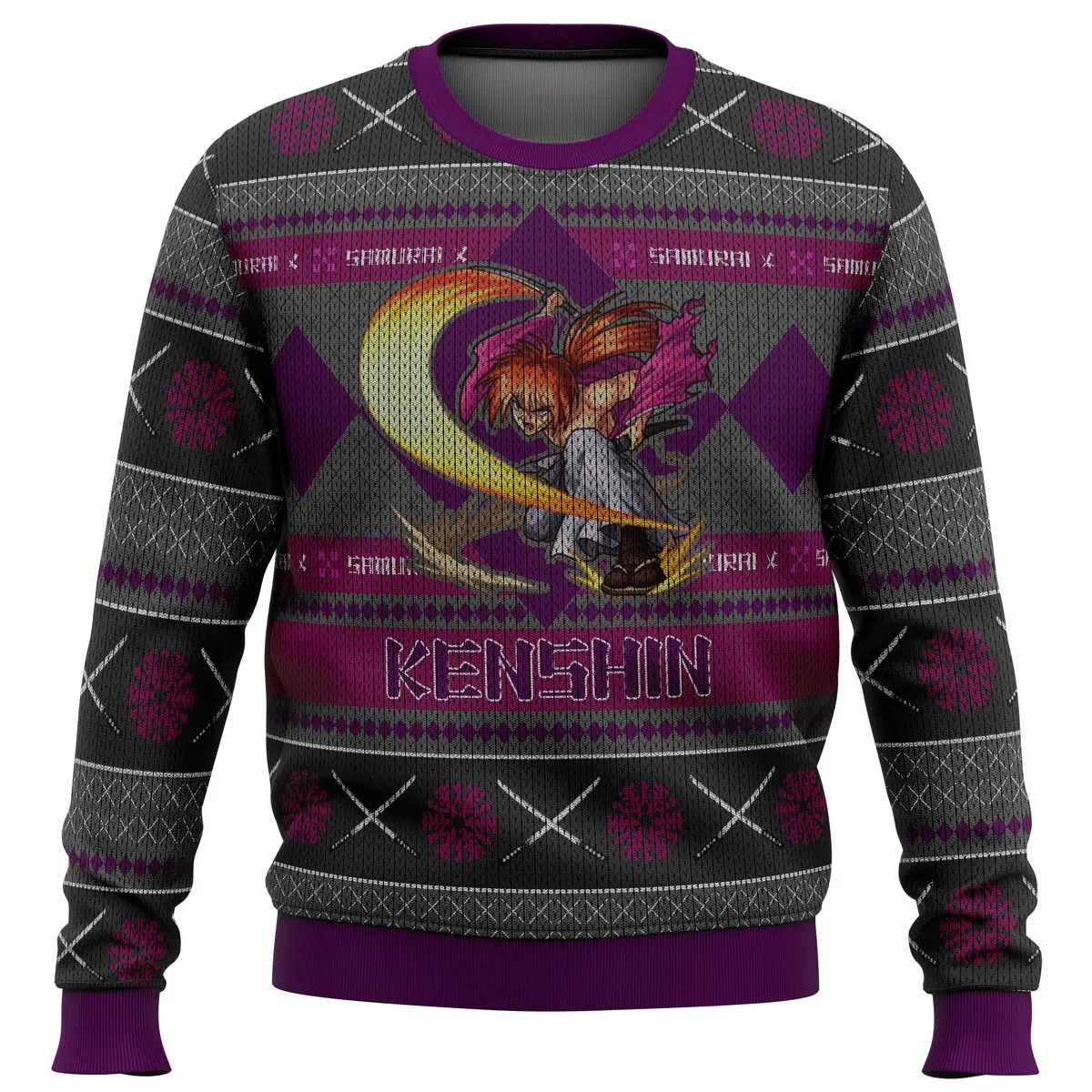 Rurouni Kenshin Battousai Samurai X Ugly Christmas Sweater, Kenshin Himura Holiday Sweater, Purple Anime Xmas Sweatshirt Gift for Fans