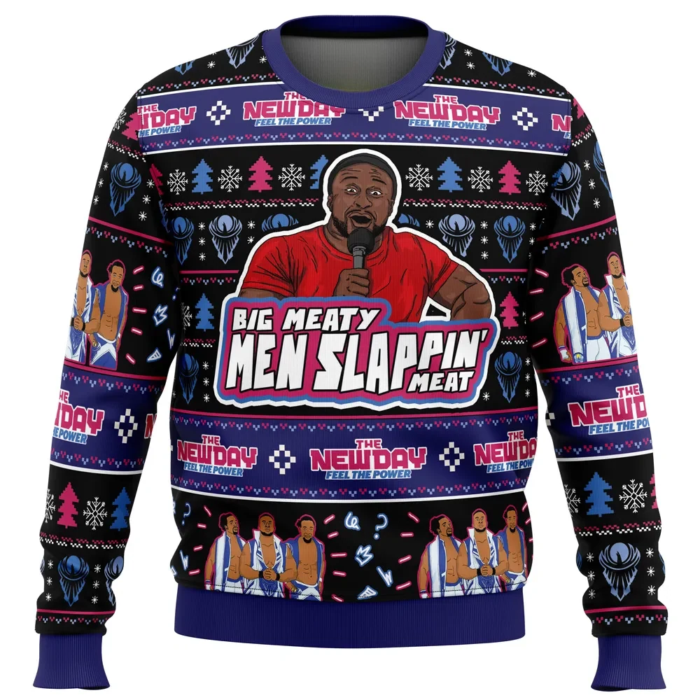 Big Meaty Men Slappin Meat The New Day Ugly Christmas Sweater, WWE Pro Wrestling Holiday Sweater, Feel the Power Funny Xmas Party Gift