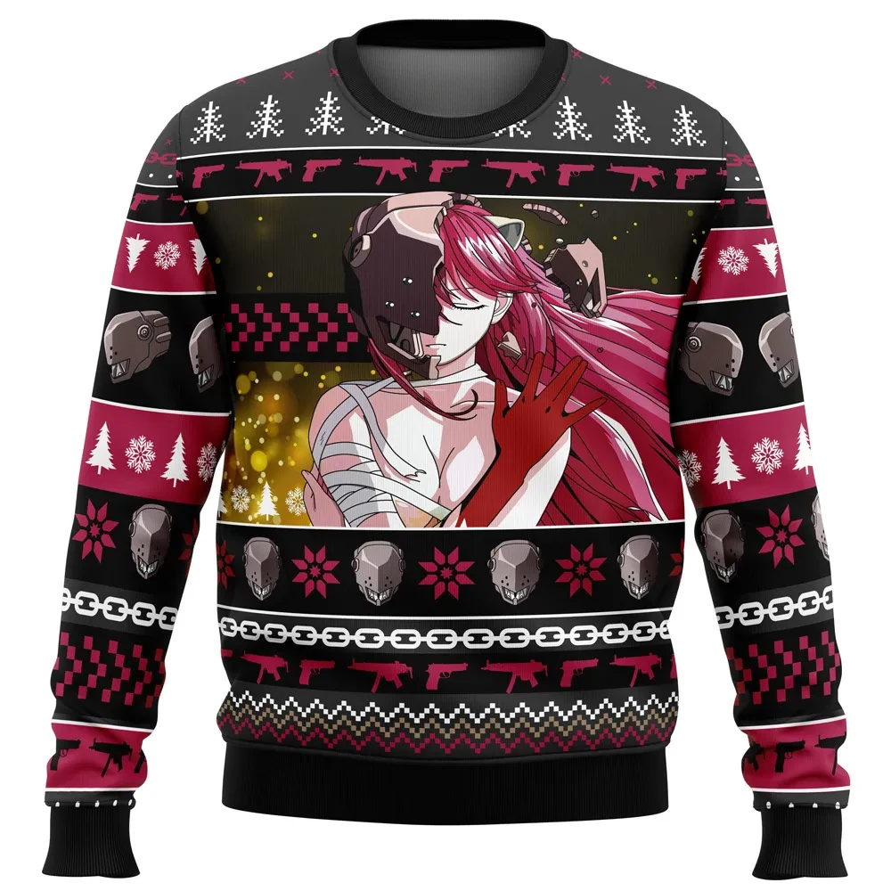 Christmas Lucy Elfen Lied Ugly Christmas Sweater, Pink Haired Diclonius Anime Holiday Sweatshirt, Dark Unisex Xmas Gift for Anime Fans
