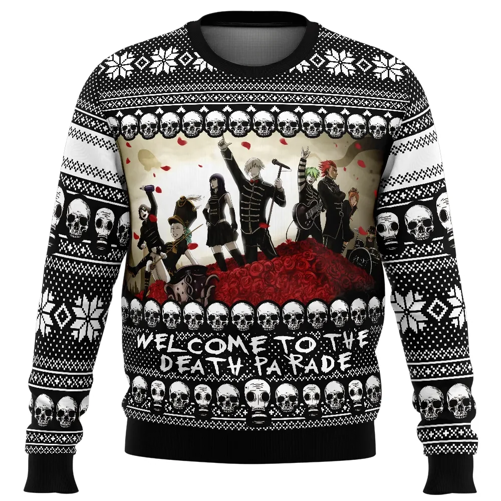Welcome to the Death Parade Ugly Christmas Sweater, Gothic Skull Anime Holiday Sweater, Unisex Black and White Sweatshirt, Xmas Gift for Fans